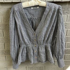 Ciao Lucia Blue and White Gingham Peplum Top- Size S
